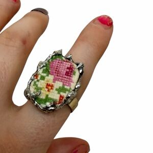 14K Gold Plated Broken China Floral Banquet Ring Cottagecore Vintage